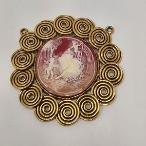 Victorian Revival Carved Resin Cameo Medallion Gold Tone Swirl Frame Cherubs